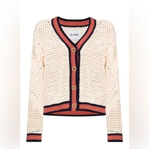 NEW $495 Re/Done 50s V-Neck Striped Crocheted Cotton Cardigan Sweater